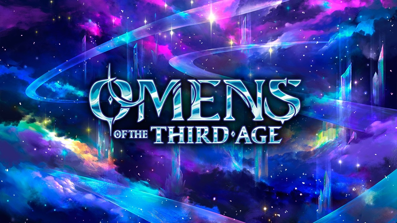 Omens of The Third Age Draft Practice- Nats Qualified Only - Cosmic purple and blue fantasy-themed game logo with glowing stars and swirling nebula background.