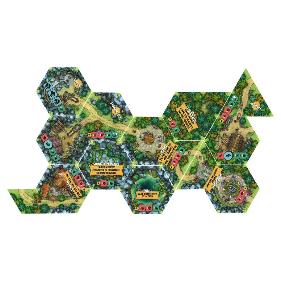Hamlet: The Village Building Game - Hexagonal board game layout with lush green forest terrain, winding paths, and various labeled areas for settlement and.