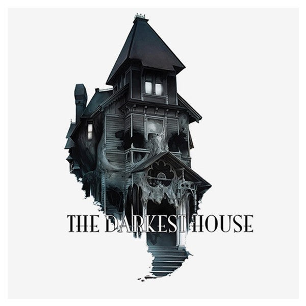 The Darkest House - Black Victorian haunted house with steep roof, icicles, and glowing windows on white background.