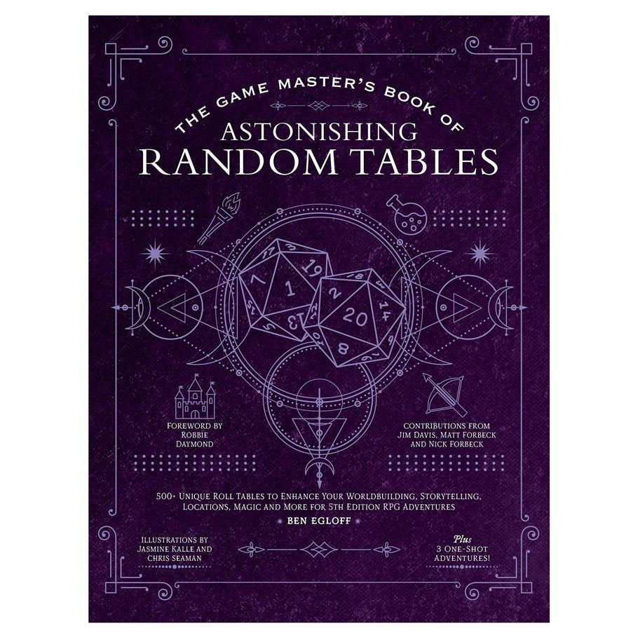 D&D 5E: Book of Random Tables - Dark purple book cover titled The Game Master's Book of Astonishing Random Tables with dice illustrations and decorative.