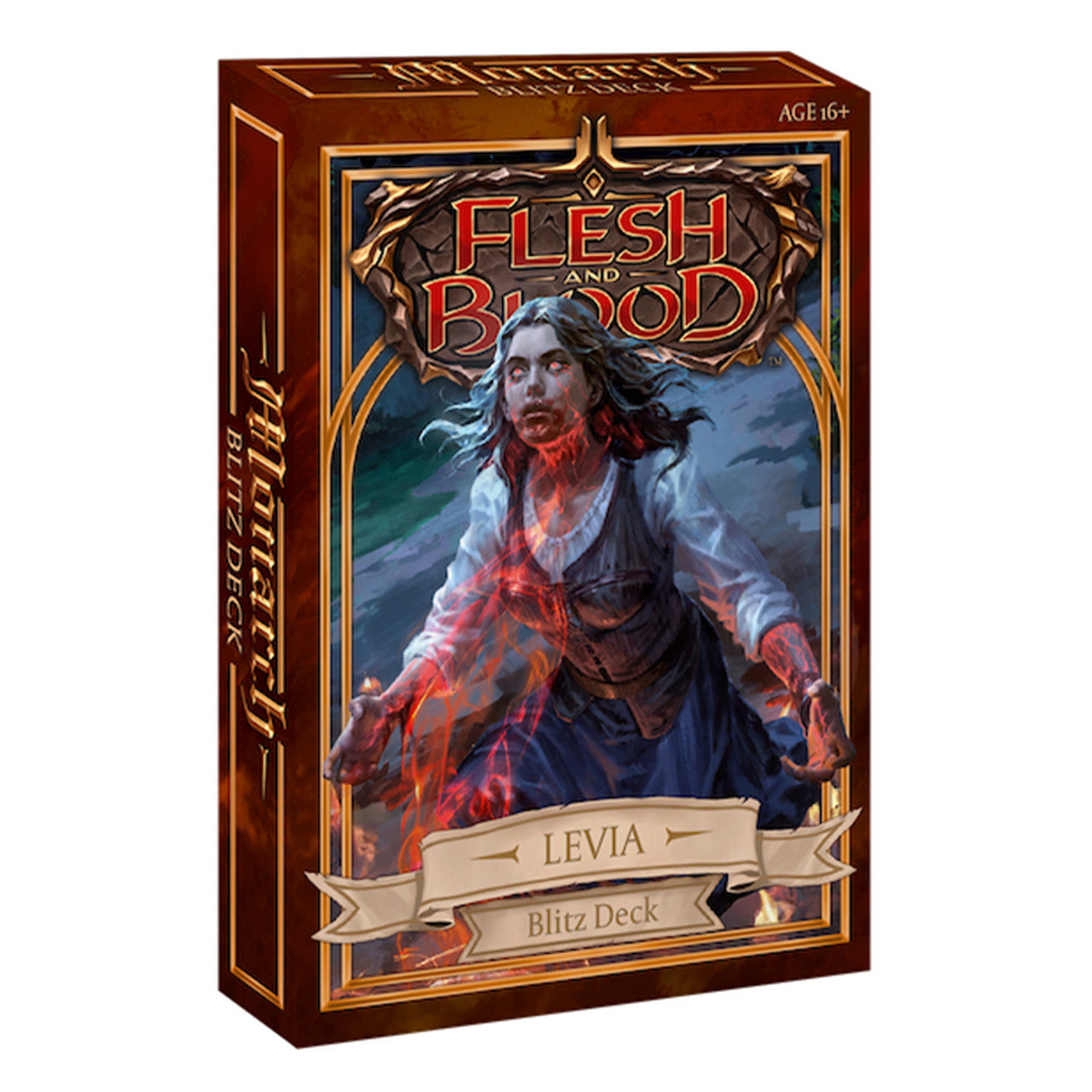 Flesh and Blood - Monarch - Blitz Deck - Levia - Flesh and Blood Monarch Levia Blitz Deck with dark fantasy artwork of a red-haired woman in blue and white clothing.