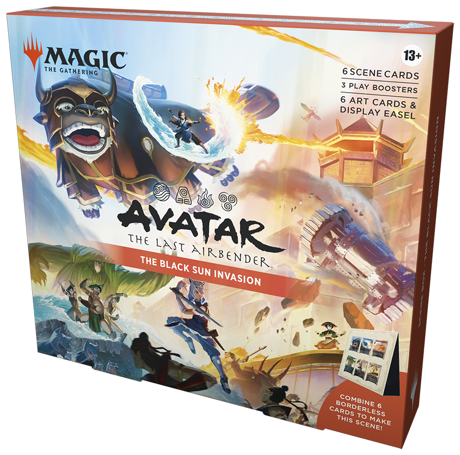 Magic: The Gathering - Avatar: The Last Airbender Scene Box - The Black Son Invasion - The Gathering Avatar: The Last Airbender Scene Box with colorful artwork of flying characters and action scenes, includes 6.