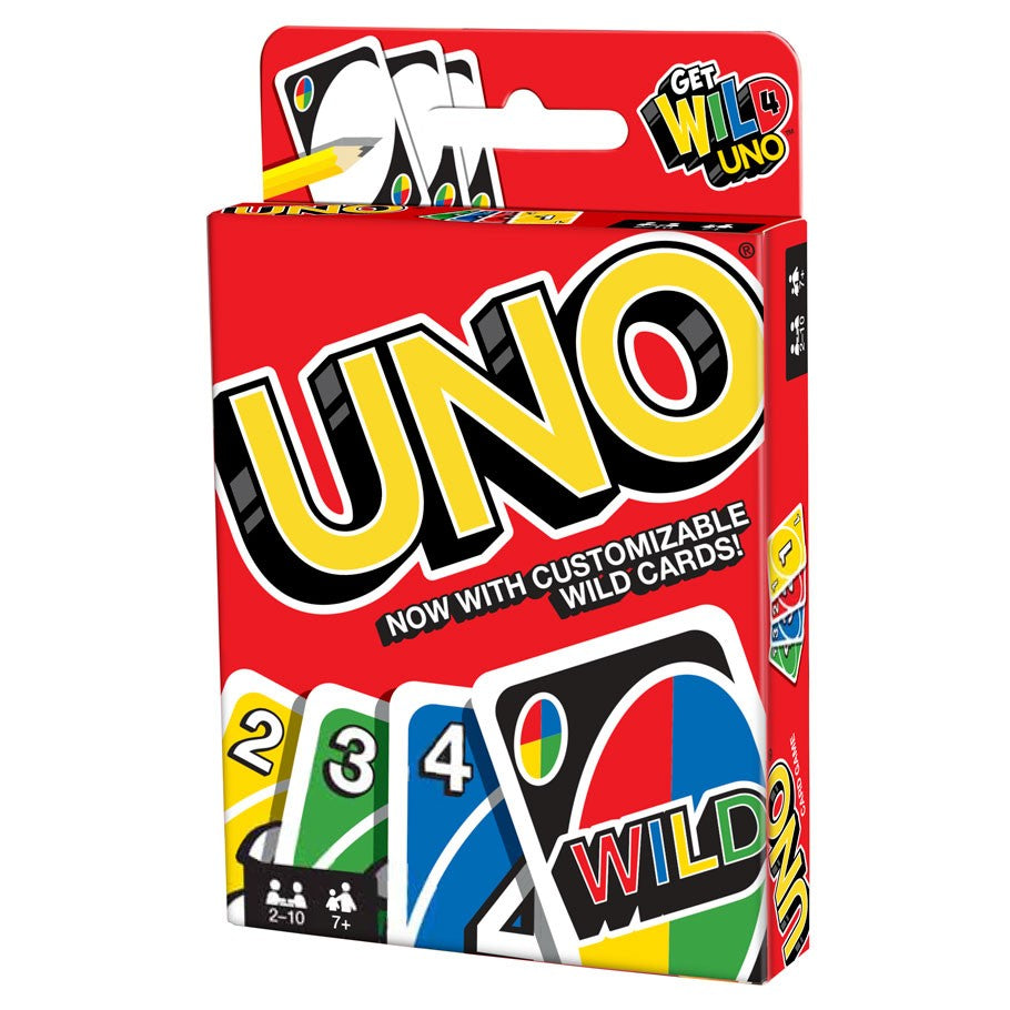UNO: Card Game - UNO card game box featuring colorful number and wild cards on a red background.