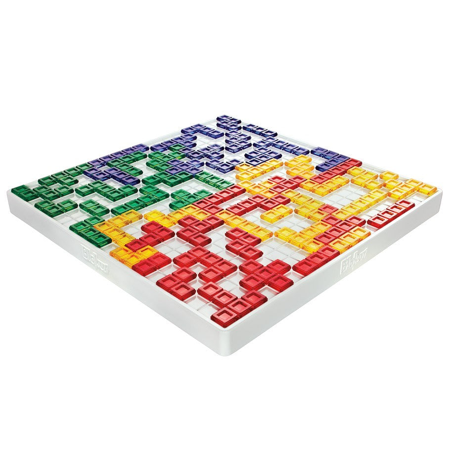 Blokus: Refresh - Blokus Refresh board with colorful translucent red, yellow, green, and purple geometric game pieces on a white grid.