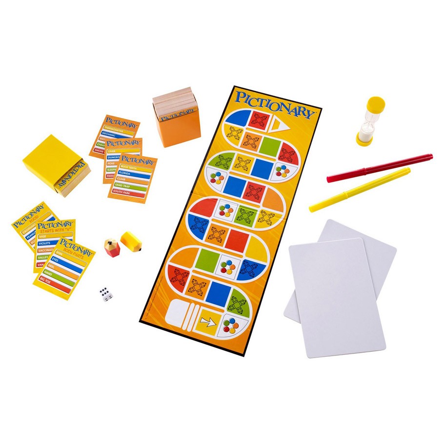 Pictionary - Pictionary board game with colorful board, timer, pencils, dice, cards, and pads on white background.