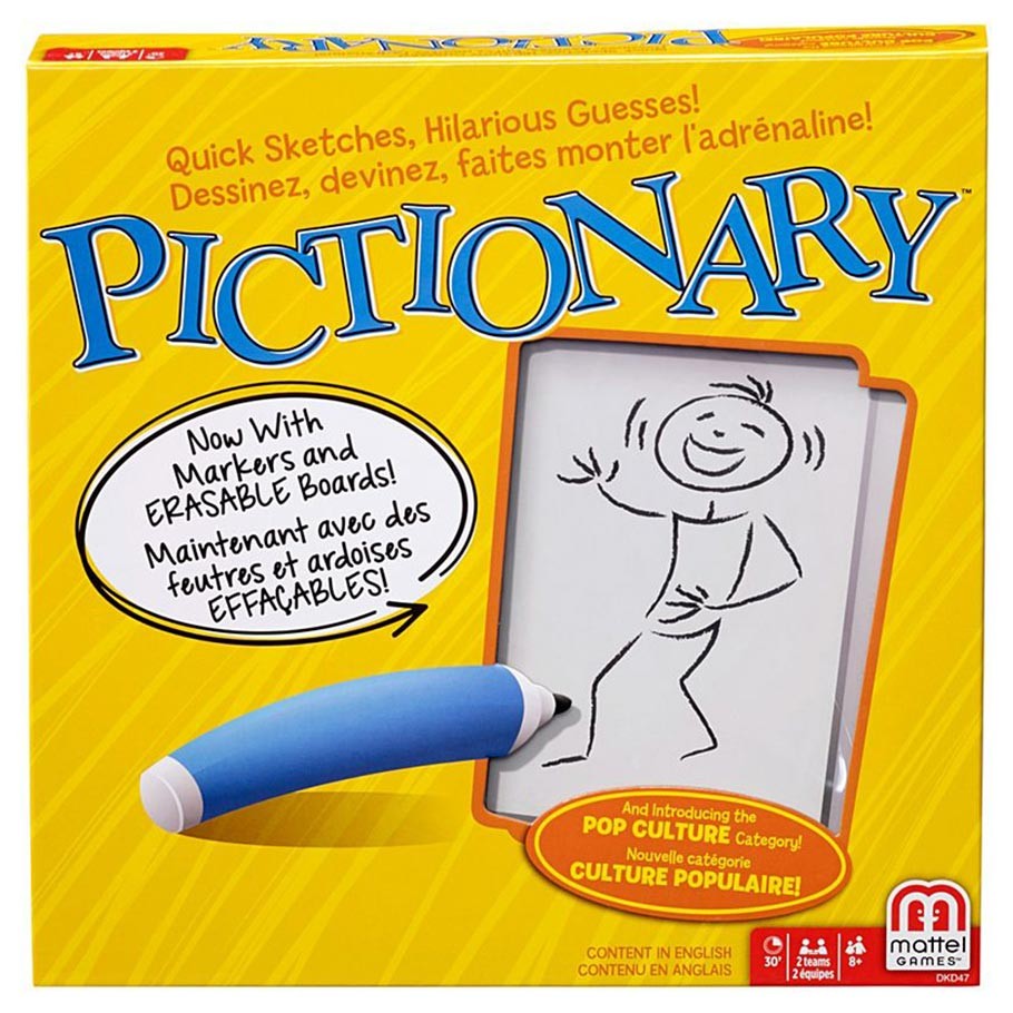 Pictionary - Pictionary board game box with yellow background, blue marker, and erase-ready drawing of a stick figure on whiteboard panel.