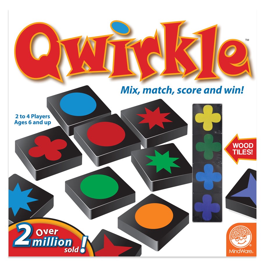 Qwirkle - Qwirkle game box showing colorful wood tiles with various shapes in red, blue, green, yellow, and orange.