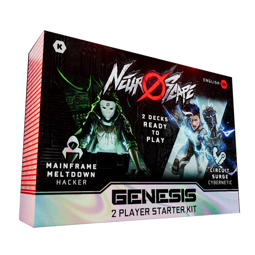 Neuroscape TCG: Genesis Unlimited 2-Player Starter Kit (Hacker/Cybernetic) (PREORDER) - Neuroscape Genesis 2-player starter kit box with dark hacker character on left and blue cybernetic character on right, bold.