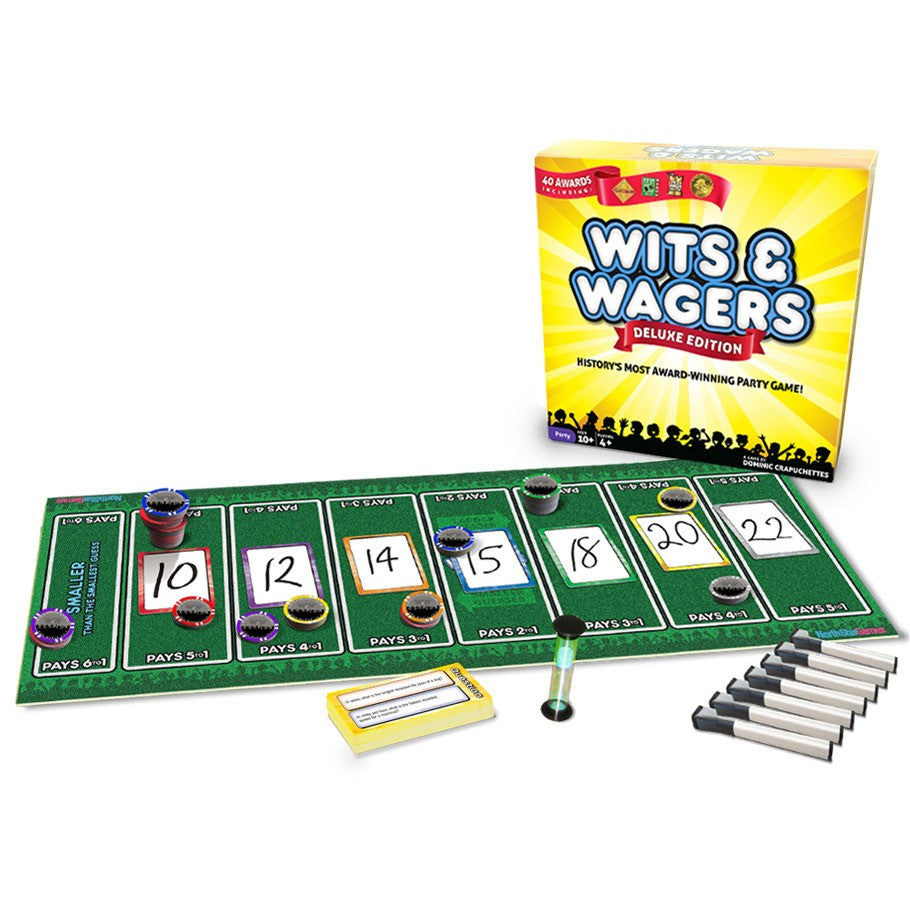 Wits & Wagers Deluxe Edition - Wits & Wagers Deluxe Edition board with green betting lanes, score markers, cards, timer, and yellow box packaging.