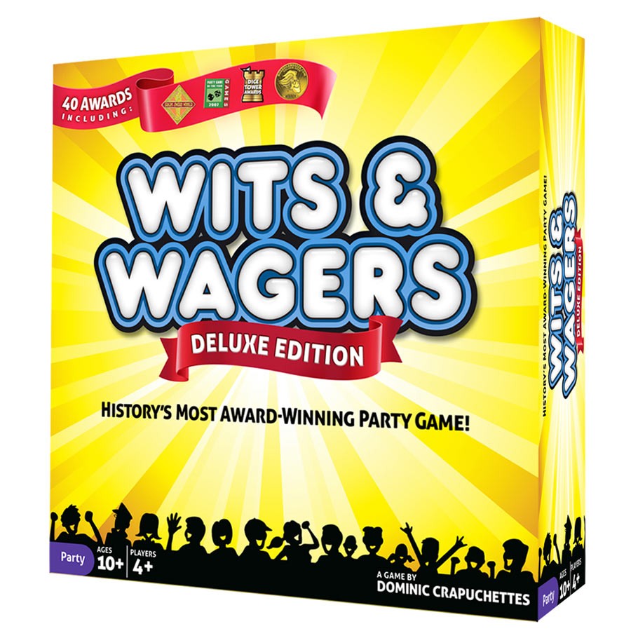 Wits & Wagers Deluxe Edition - Wits & Wagers Deluxe Edition game box with bright yellow burst background and party silhouettes.