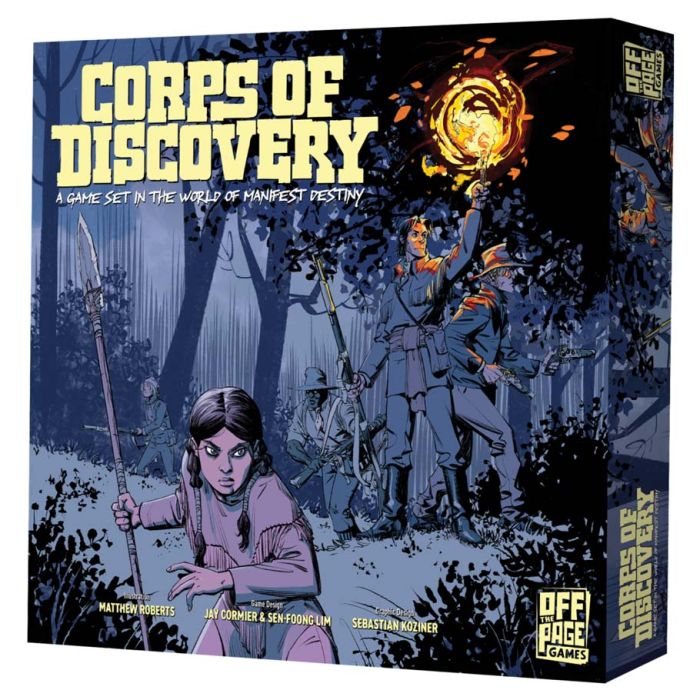 Corps of Discovery - Board game box with dark blue and gray tones showing explorers in period clothing holding a torch in a forest at night,.