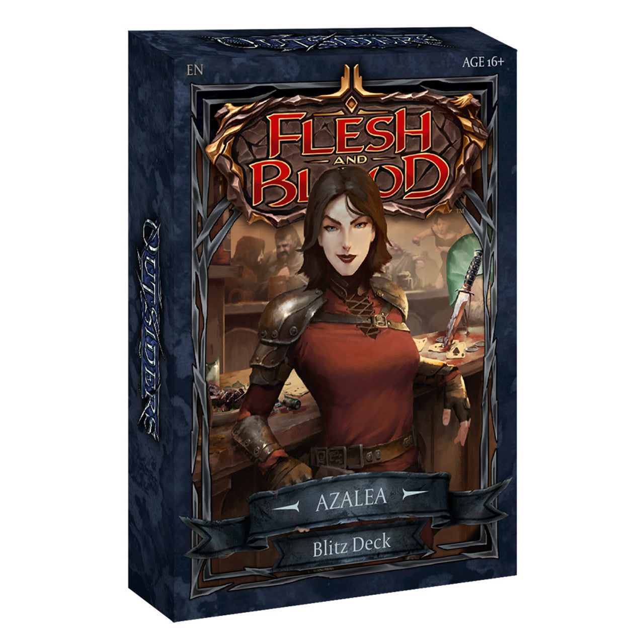Flesh and Blood - Outsiders - Blitz Deck - Azalea - Flesh and Blood Azalea Blitz Deck box with dark fantasy artwork of armored woman holding a dagger.