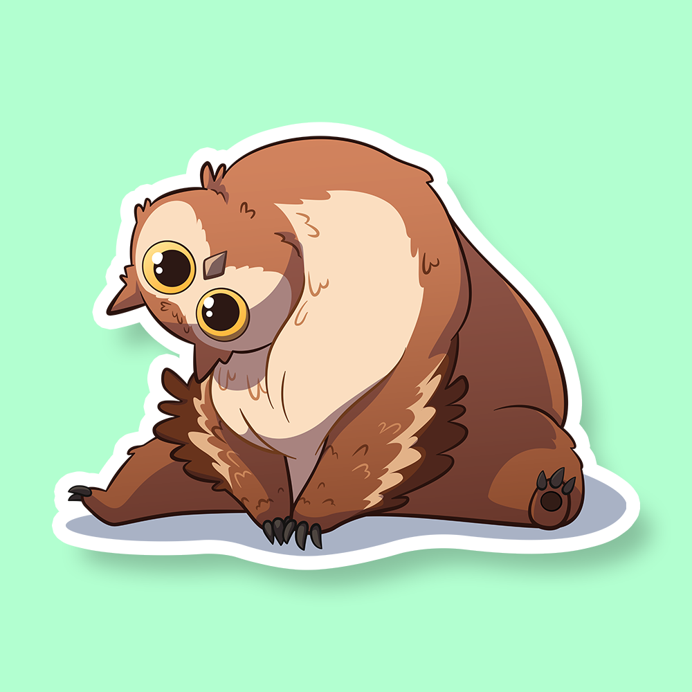 Sticker of an owlbear, a fantasy creature with owl features and bear body, sitting and facing forward.