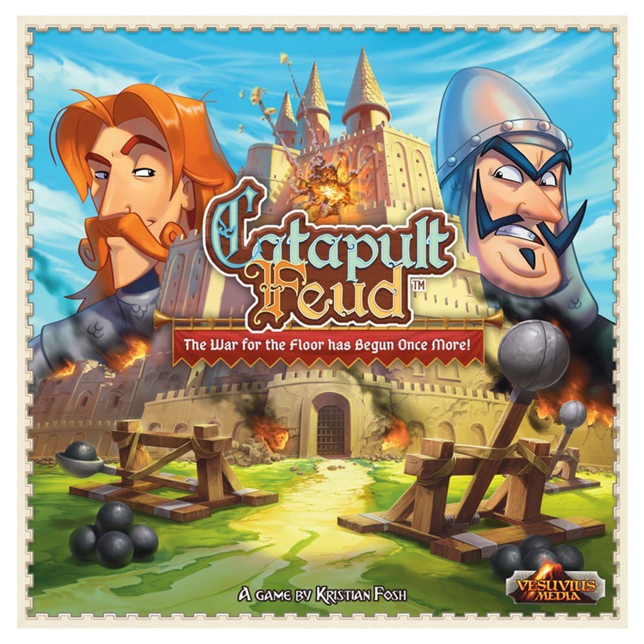 Catapult Feud - Colorful board game cover art showing two animated medieval characters with catapults aiming at a stone castle under attack.