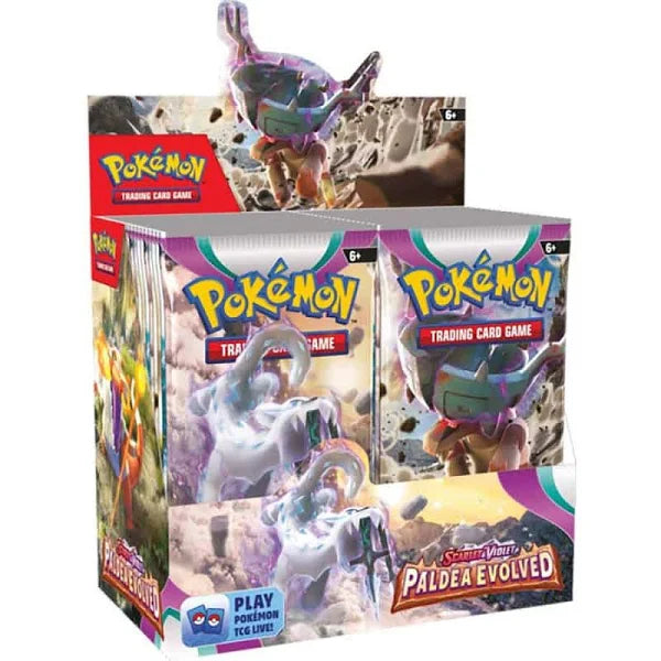 Pokémon TCG - Scarlet & Violet Paldea Evolved - Booster Box - Pokémon TCG Scarlet & Violet Paldea Evolved booster box with vibrant character artwork and sealed booster packs visible.