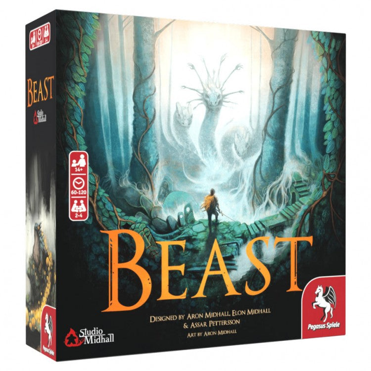 Beast - Beast board game box featuring a glowing monstrous tree creature in a misty forest with a small human figure nearby.