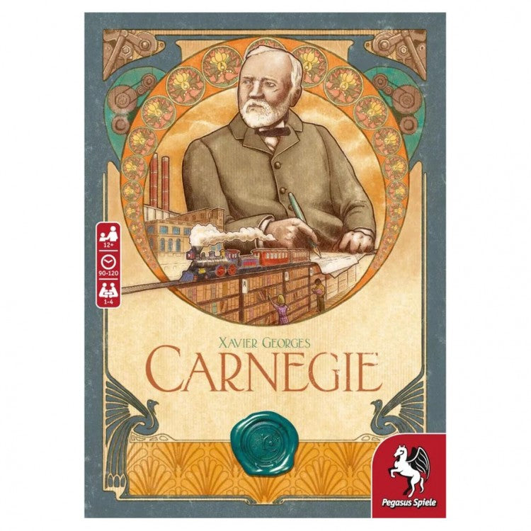 Carnegie - Carnegie board game box featuring a vintage illustration of Andrew Carnegie with industrial elements and ornate borders.