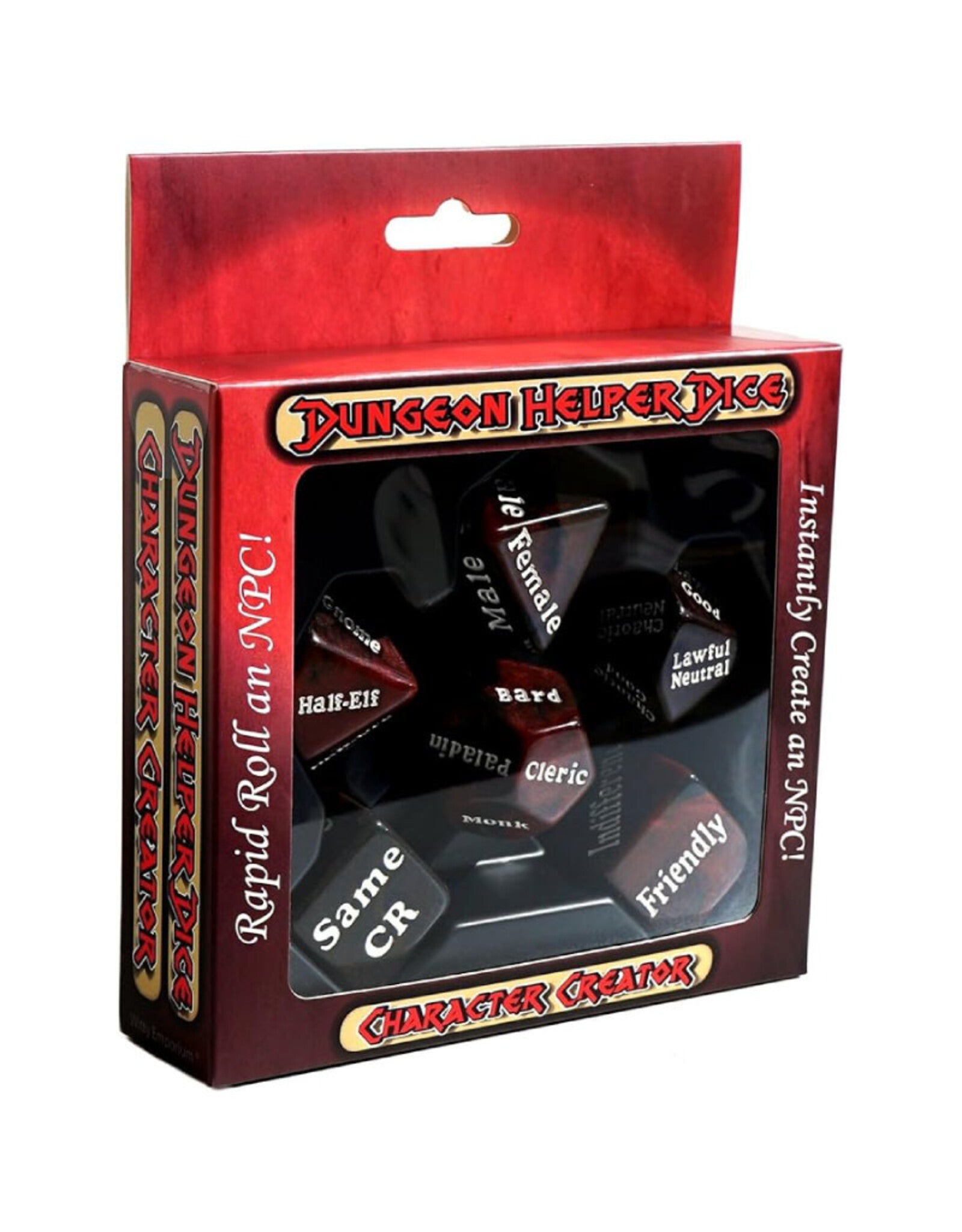 Dungeon Helper Dice: Character Creator - Black six-sided dice with white text inside a red and black box labeled Dungeon Helper Dice Character Creator.