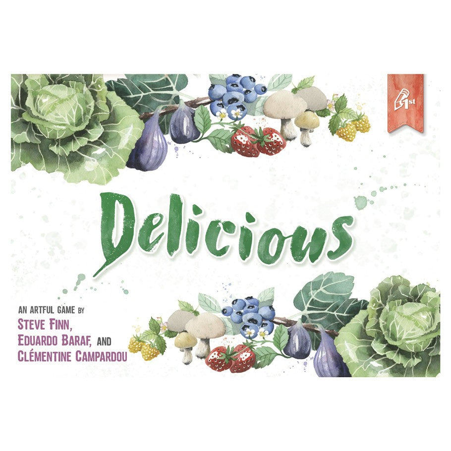 Delicious - Delicious board game box with green leafy and fruit illustrations on white background.