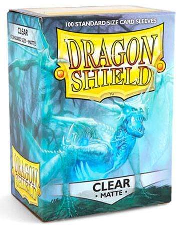 Dragon Shield 100ct Box - Matte Clear - Dragon Shield 100ct box of matte clear standard size card sleeves with blue dragon artwork on packaging.
