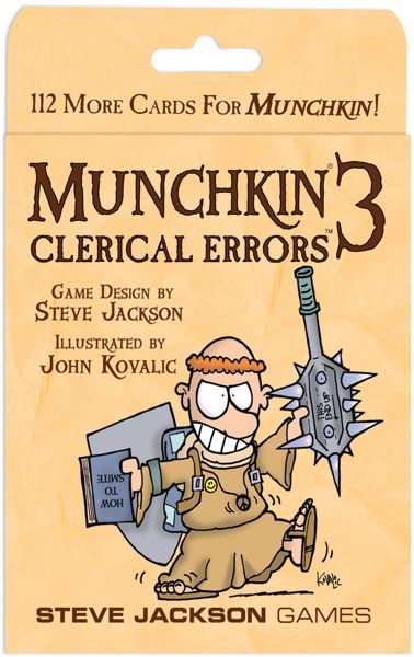 Munchkin 3: Clerical Errors (PREORDER) - Munchkin 3 Clerical Errors game expansion pack card with beige background and cartoon character holding a club and clipboard.