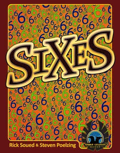 SiXeS - Orange rectangular board game box with repeating blue and green number sixes and large stylized yellow and brown "SiXeS".