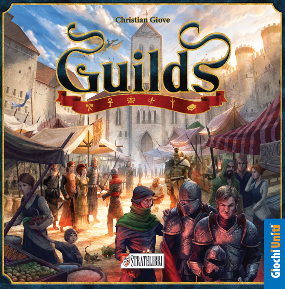 Guilds - Medieval market scene with armored knights and busy townspeople under colorful tents in Guilds game box art.