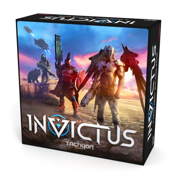 Invictus - Invictus card game box featuring armored futuristic warriors against a sunset landscape with animals in the background.