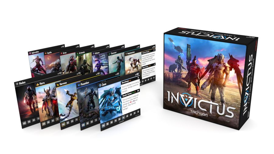 Invictus - Invictus card game box with assembled game cards featuring fantasy character artwork and vibrant colors.