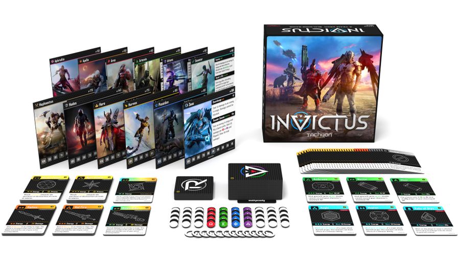 Invictus - Invictus card game with multiple character cards, tokens, and a colorful game box displayed on white background.