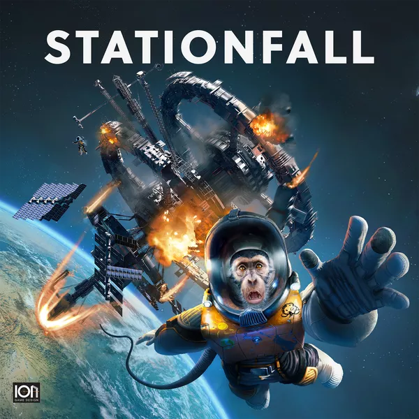 Stationfall - Space-themed game cover showing an astronaut in distress near a fiery, damaged space station orbiting Earth.