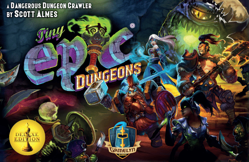 Tiny Epic Dungeons: Deluxe (PREORDER) - Colorful board game box featuring fantasy characters, monstrous creatures, and the title "Tiny Epic Dungeons" in bold,.