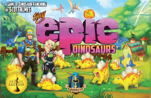 Tiny Epic Dinosaurs: Deluxe (PREORDER) - Colorful game box featuring cartoon dinosaurs, a man in a ranger outfit, and a young girl, set in a lush prehistoric.
