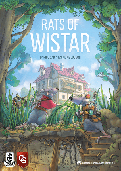Rats of Wistar, 2nd Edition (PREORDER) - Board game box featuring two anthropomorphic rats with weapons on a forest path approaching a stone house under a blue sky.