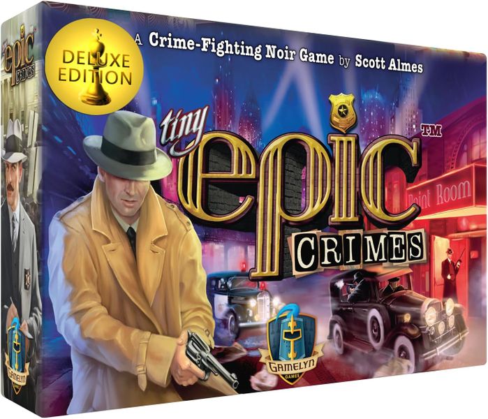 Tiny Epic Crimes: Deluxe (PREORDER) - Colorful board game box featuring a detective in a beige trench coat and fedora holding a revolver, neon cityscape.