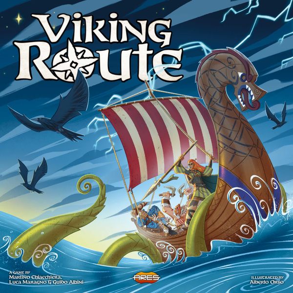 Viking Route (PREORDER) - Board game box with Viking ship featuring a red and white striped sail, a wooden dragon figurehead, and sea monsters in dark