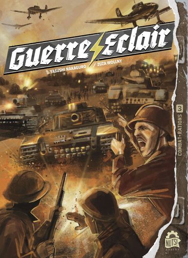 Guerre Eclair (PREORDER) - War-themed board game box with tanks, soldiers, and explosions in sepia tones and bold white title Guerre Eclair.