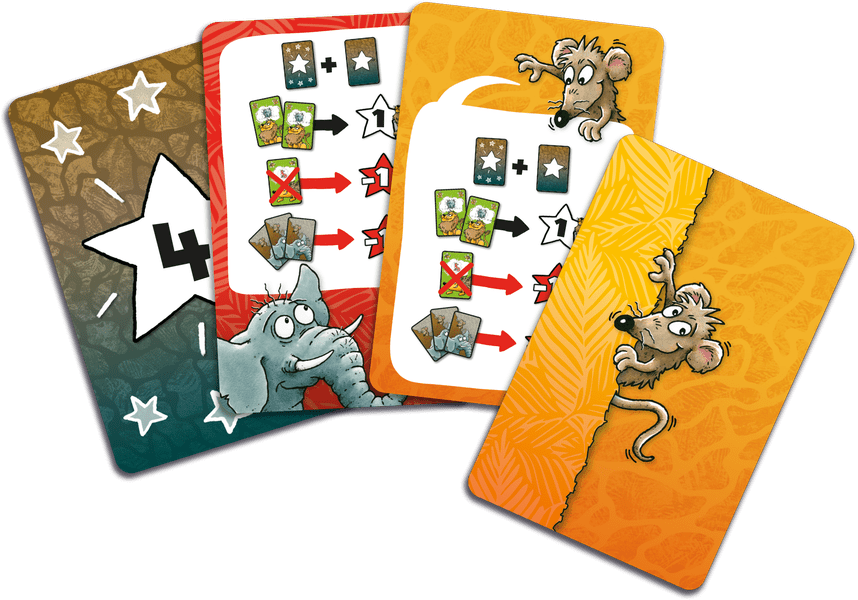 Frank's Zoo (PREORDER) - Four colorful playing cards from Frank's Zoo, featuring animal illustrations and game instructions.