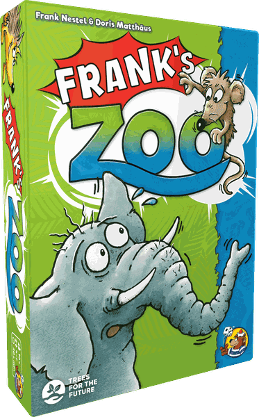 Frank's Zoo (PREORDER) - Bright green box for Frank's Zoo card game featuring cartoon elephant and goat illustrations with bold red and white text.