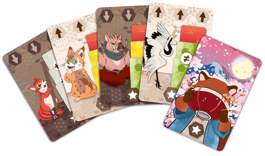 Umami (PREORDER) - Set of colorful illustrated strategy game cards featuring various anthropomorphic animal characters on a light rustic.