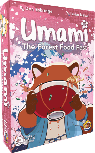 Umami (PREORDER) - Umami card game box with pink background, featuring a red panda character eating noodles and colorful food illustrations.