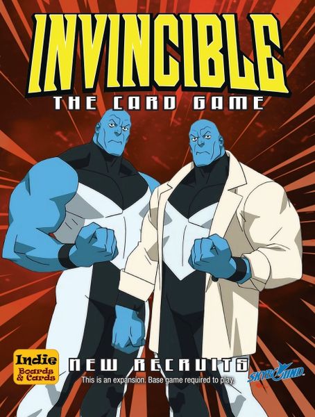 Invincible: New Recruits Expansion (PREORDER) - Card game box featuring two blue-skinned muscular characters in white and black attire with bold yellow title "Invincible".