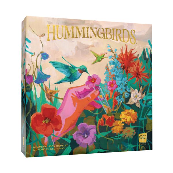Hummingbirds (PREORDER) - Colorful board game box with vibrant hummingbirds, detailed flowers, and a hand reaching out on front cover.
