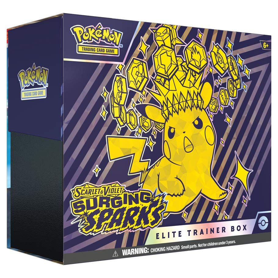 Pokémon TCG: Scarlet & Violet 8: Surging Sparks: Elite Trainer Box - Dark blue Pokémon TCG Scarlet & Violet Surging Sparks Elite Trainer Box with yellow Pikachu and electric spark design.