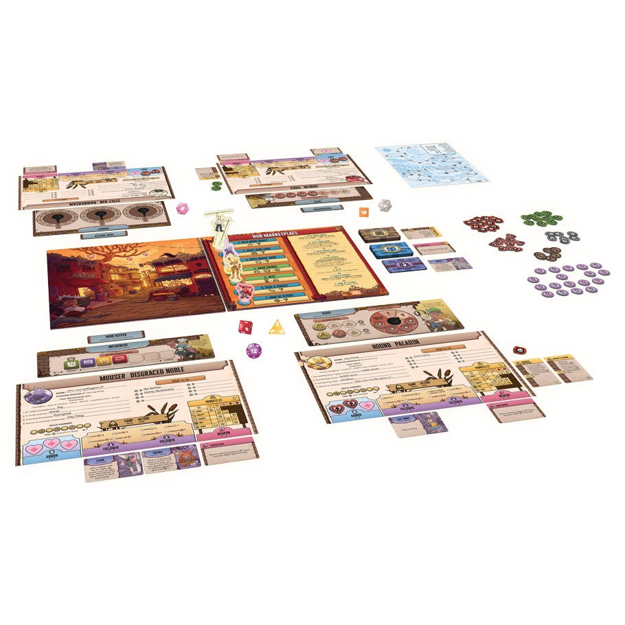 Freelancers - Board game setup with detailed character sheets, colorful cards, tokens, and dice arranged on a white surface.
