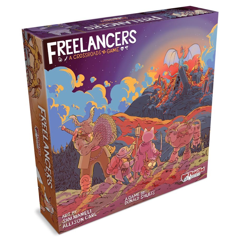 Freelancers - Board game box with fantasy characters wielding weapons near a volcanic landscape under a dramatic sky.