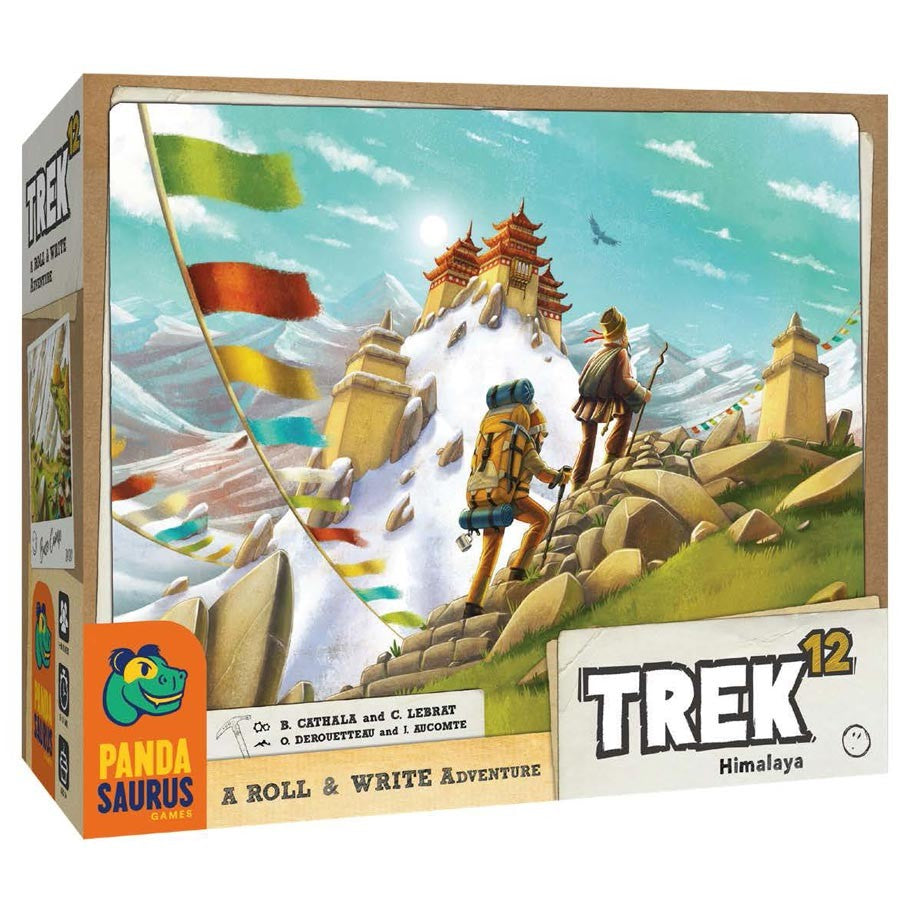 Trek 12 - Trek 12 board game box showing hikers climbing a mountain with temple and colorful flags in the background.