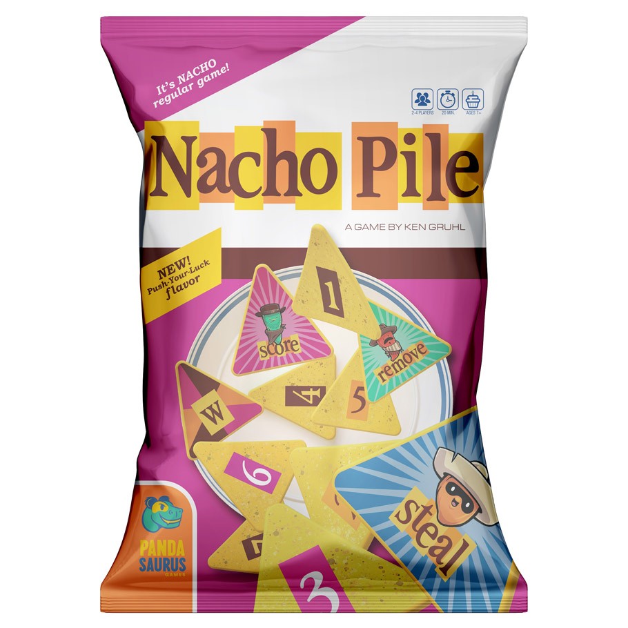 Nacho Pile - Colorful Nacho Pile party game packaging with playful nacho chip illustrations and bold text.