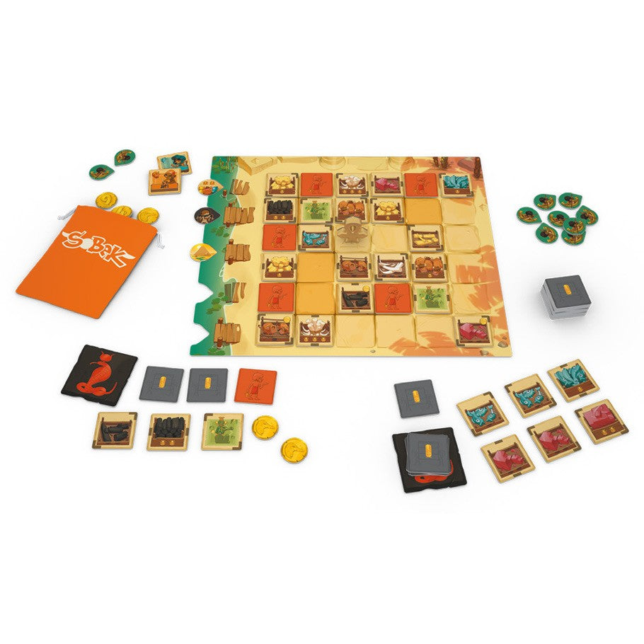 Sobek: 2 Players - Sobek board game setup with grid board, cards, orange and black player mats, and tokens arranged for two players.