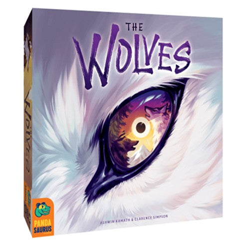 The Wolves - The Wolves board game box with a close-up of a wolf’s eye and purple stylized title text.